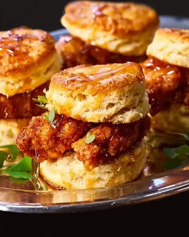 Hot Honey Chicken Biscuits 4 Hot honey chicken biscuits with a savory crust and spicy honey drizzle