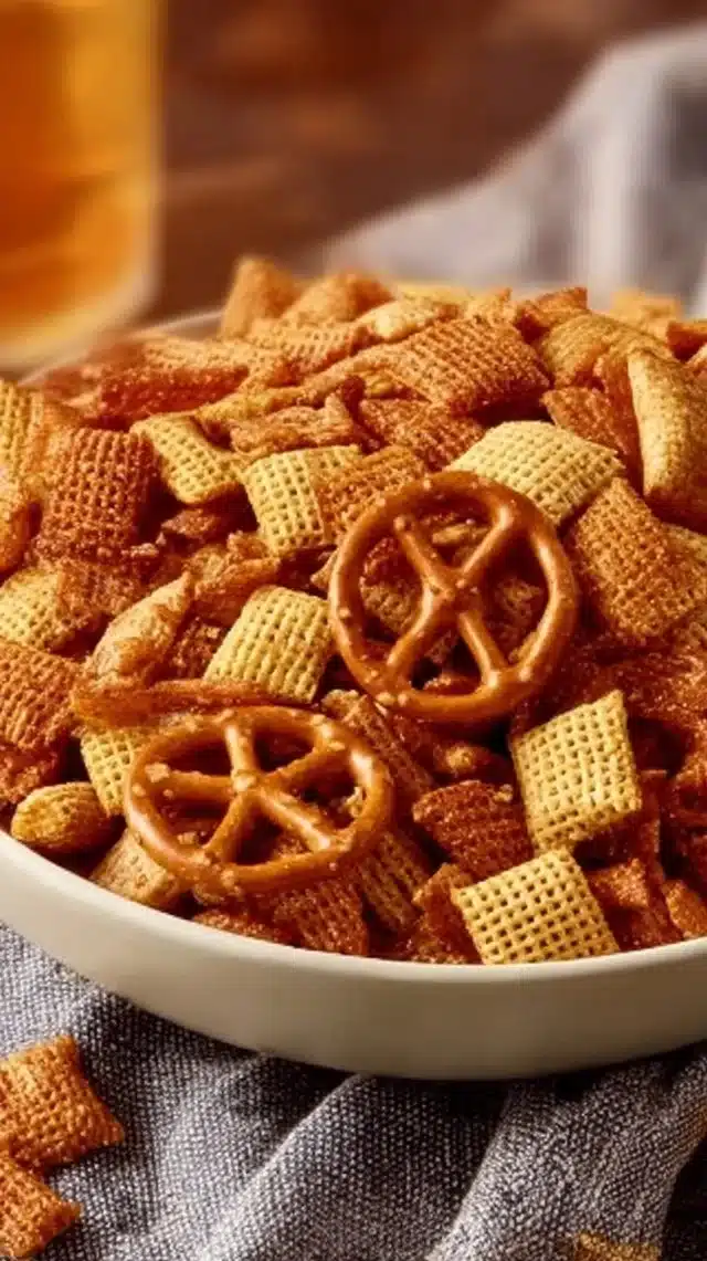 Delicious bowl of Hot Honey Spiced Chex Mix with bold flavors