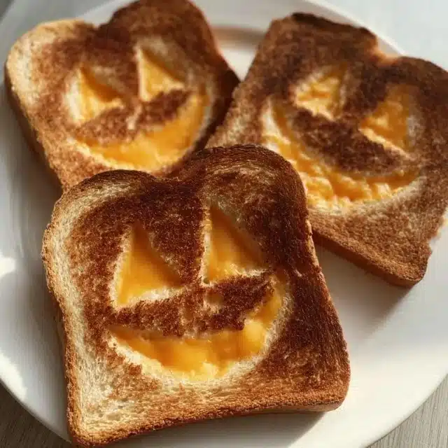 Jack O Lantern Grilled Cheese sandwich with festive design for Halloween
