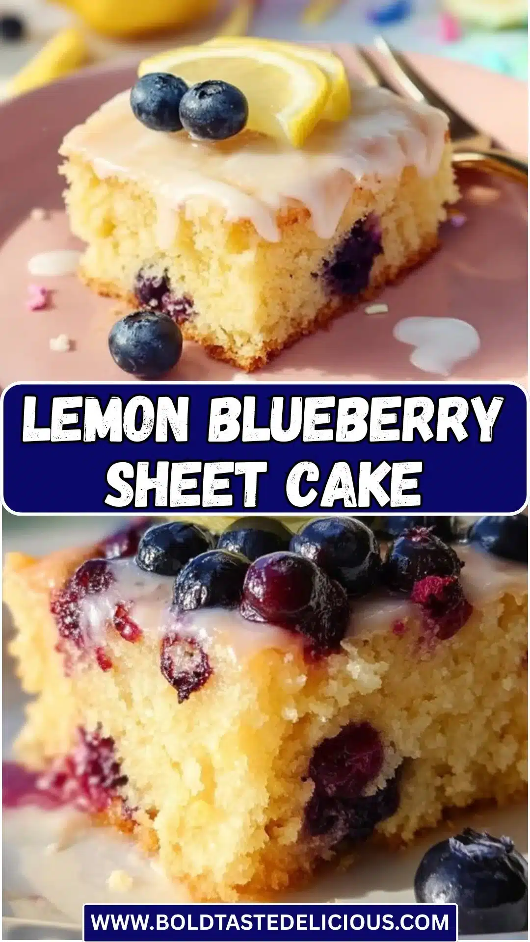 Lemon blueberry sheet cake topped with fresh blueberries and lemon zest