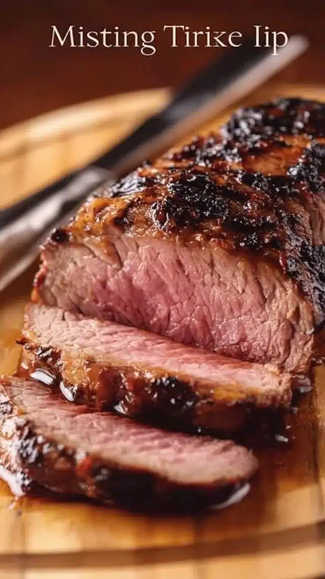 A perfectly grilled tri tip steak served on a wooden cutting board.