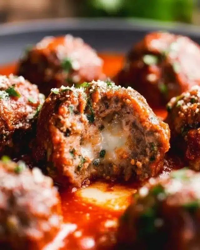 Mozzarella Stuffed Meatballs 4 Delicious mozzarella stuffed meatballs topped with marinara sauce
