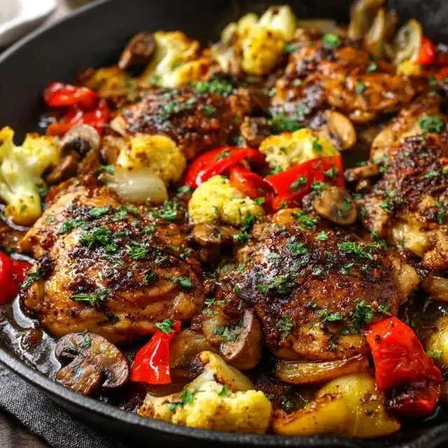 One Pan Balsamic Chicken served with vegetables in a skillet