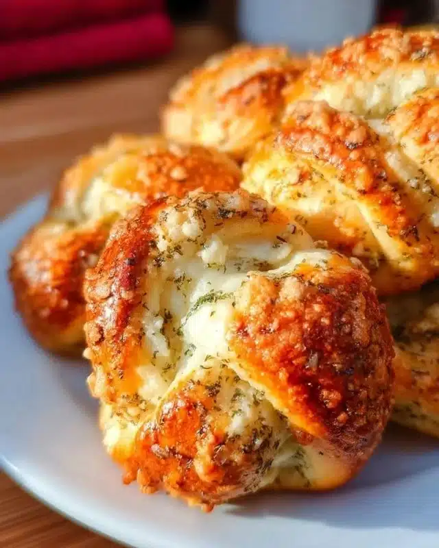 Parmesan Garlic Knots 4 Homemade Parmesan Garlic Knots on a wooden table.