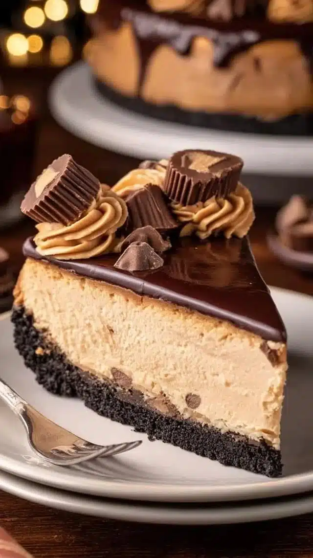 Slice of delicious Peanut Butter Cheesecake topped with chocolate drizzle.
