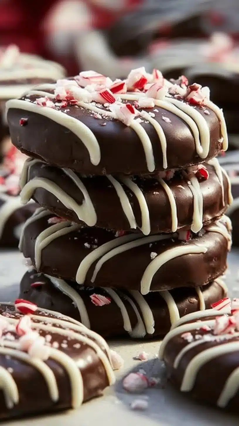 Close-up of homemade peppermint bark cookies with chocolate and crushed peppermint