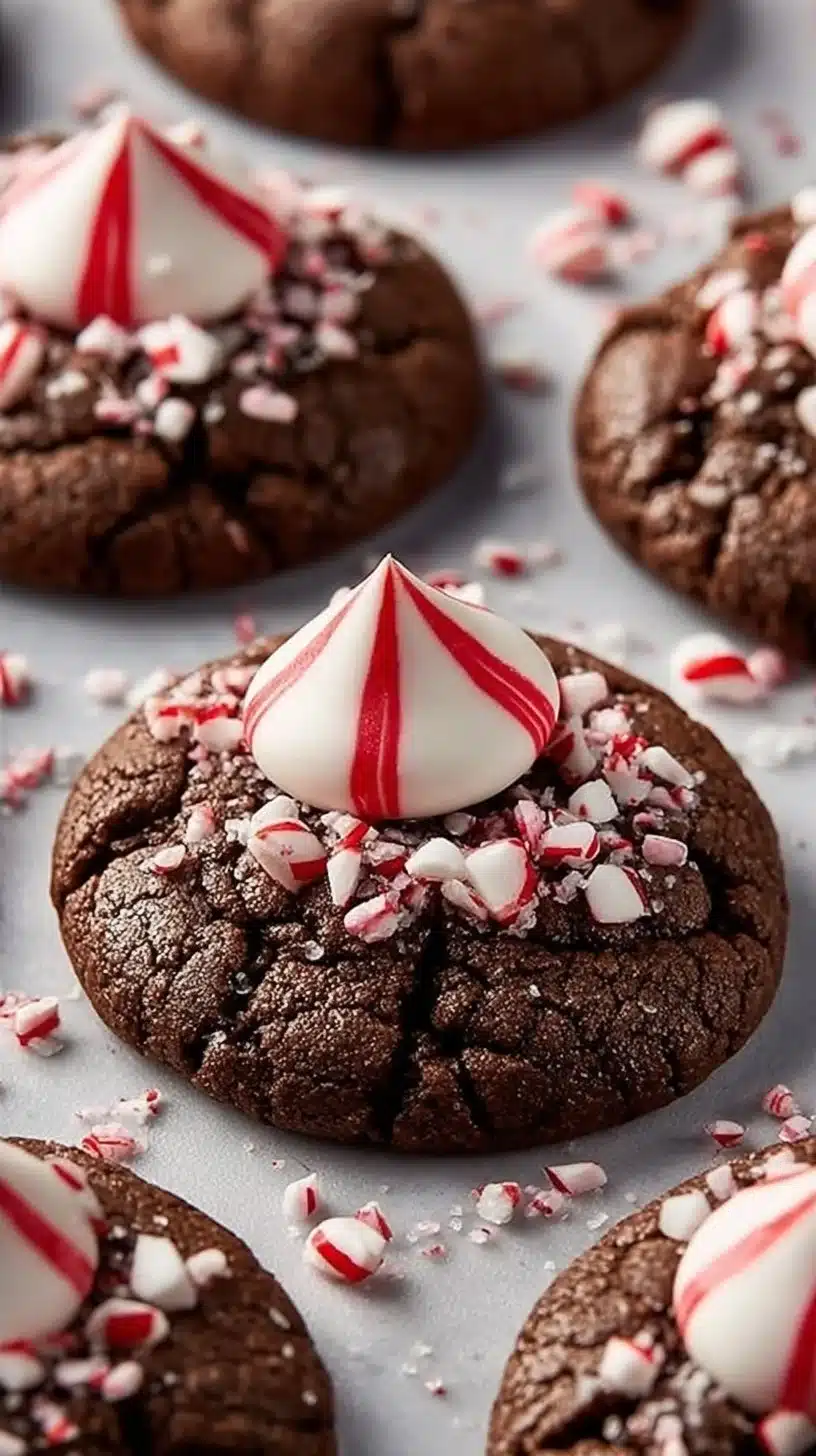 Delicious peppermint chocolate blossom cookies with festive sprinkles.