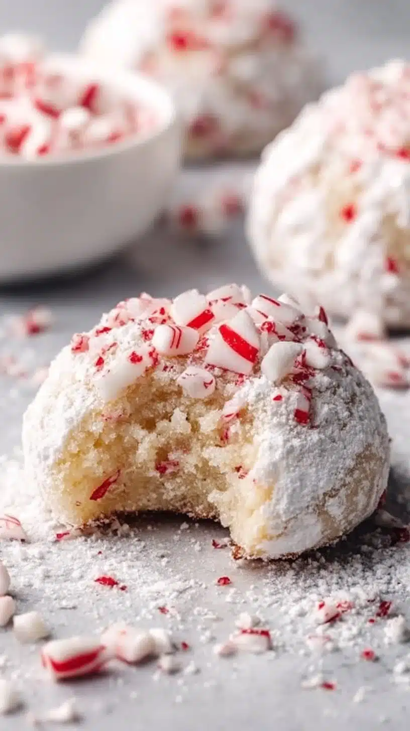 Delicious Peppermint Snowball Cookies arranged on a festive platter.
