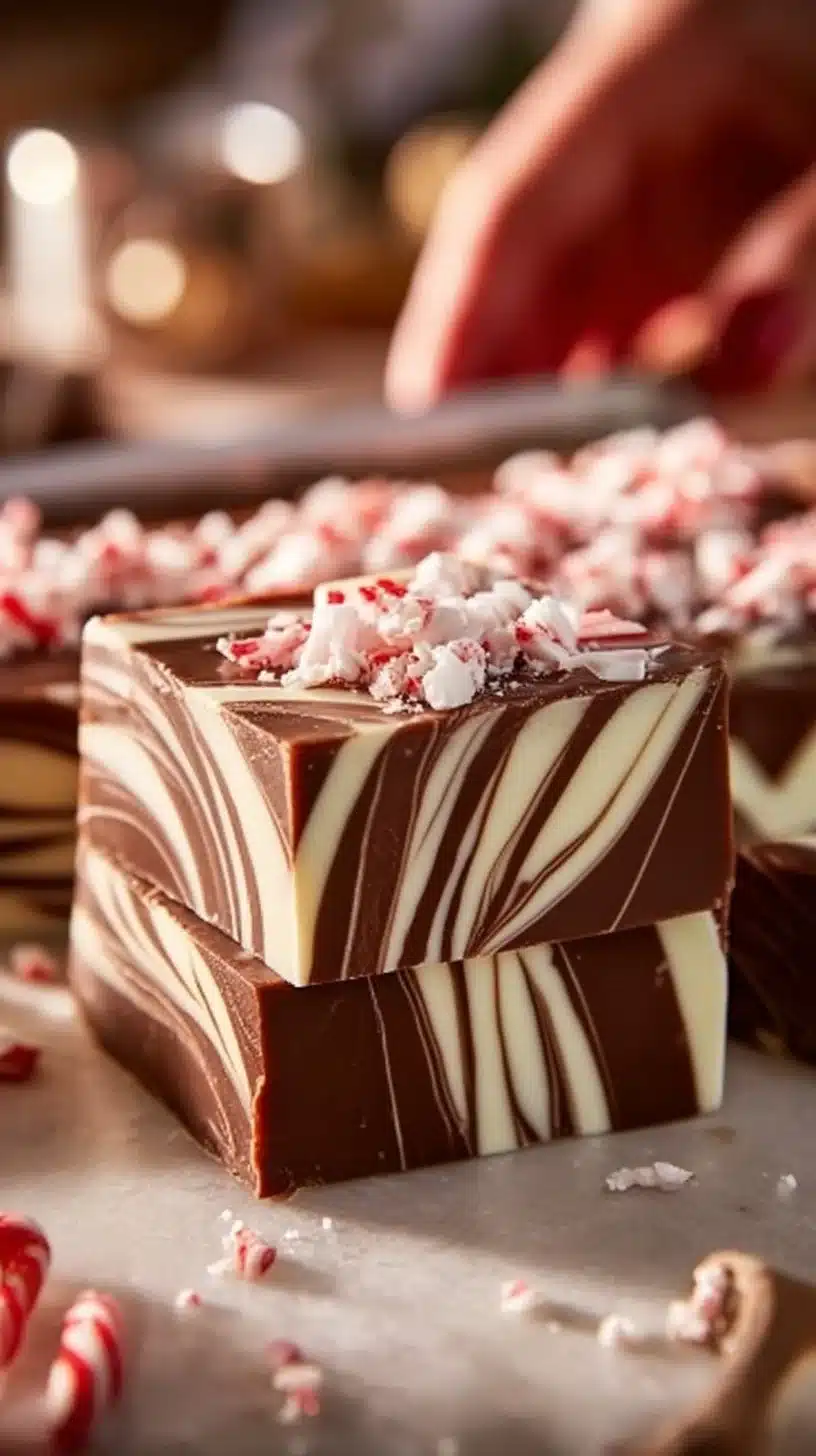 Peppermint Swirl Fudge 2 Delicious peppermint swirl fudge with red and white swirls on a festive plate.