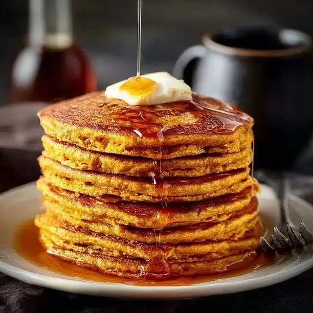 Stack of perfect pumpkin pancakes drizzled with syrup and topped with whipped cream.