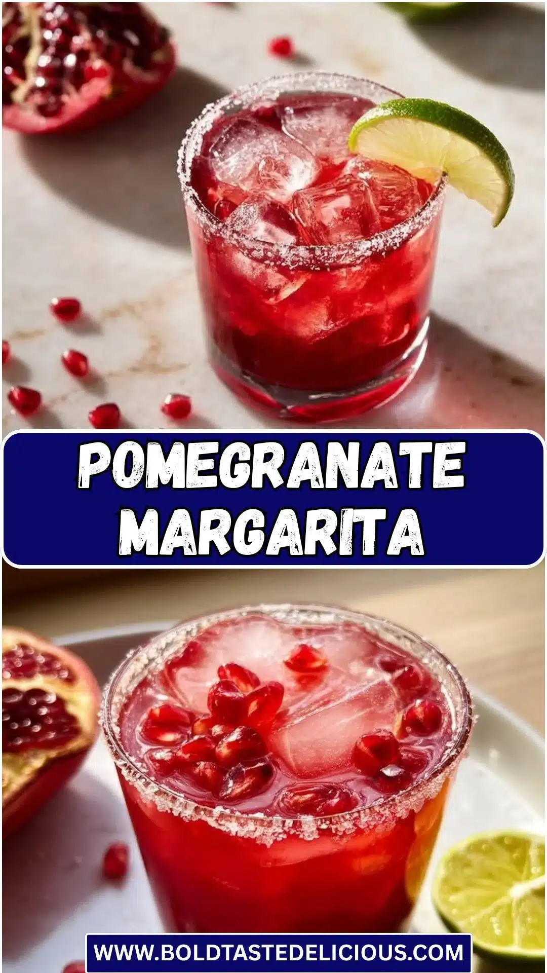 Refreshing Pomegranate Margarita cocktail with lime and pomegranate garnishes