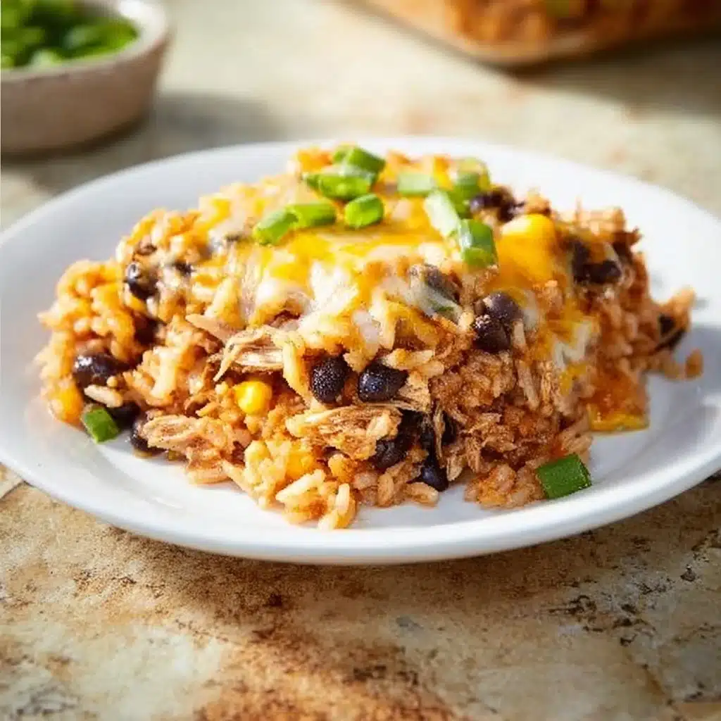 Delicious pulled pork casserole topped with cheese and herbs