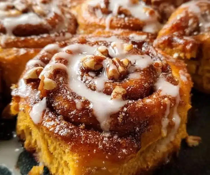 Pumpkin Cinnamon Rolls 4 Delicious homemade Pumpkin Cinnamon Rolls topped with creamy icing