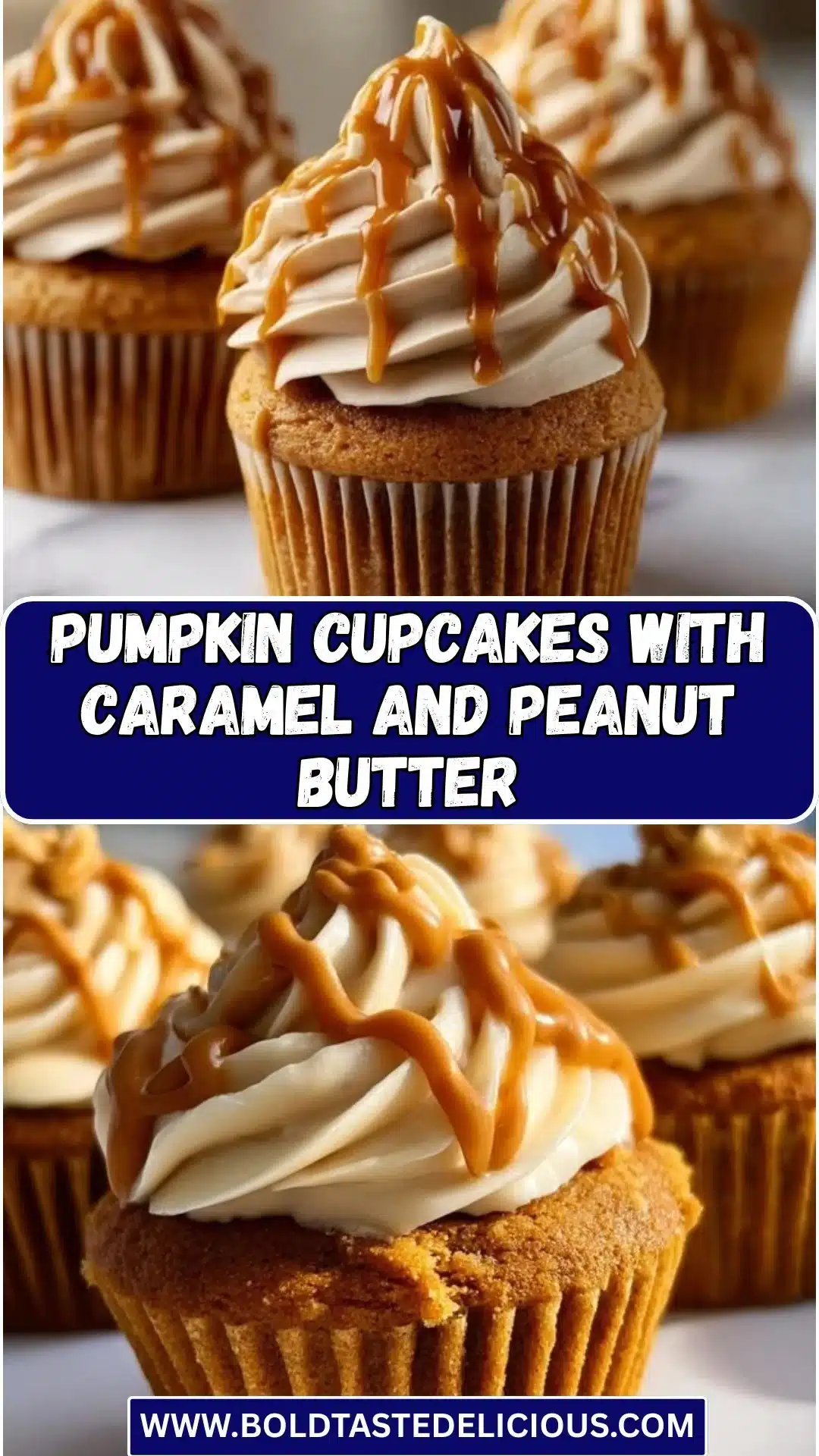 Pumpkin cupcakes topped with caramel and peanut butter frosting