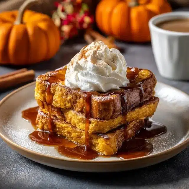 Delicious Pumpkin French Toast served with syrup and whipped cream