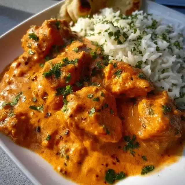 Delicious homemade butter chicken served with rice in a bowl