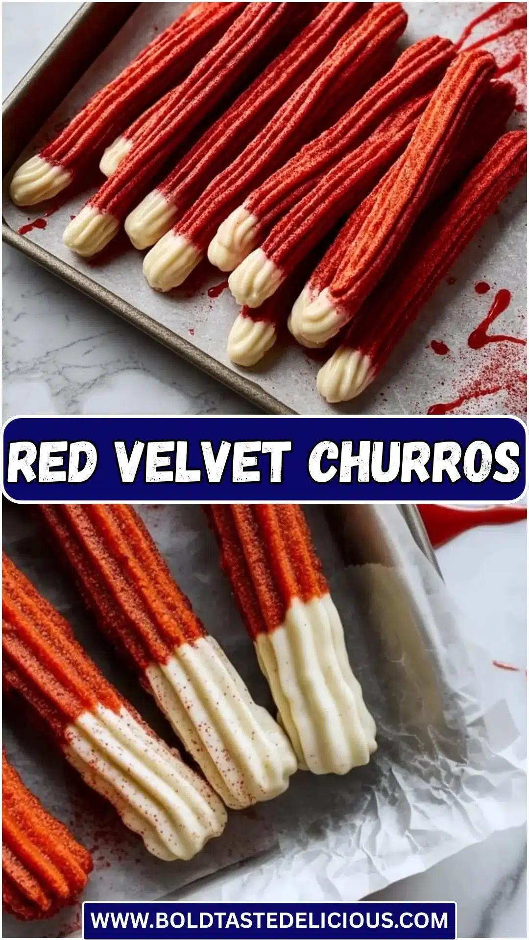Delicious Red Velvet Churros drizzled with cream cheese icing