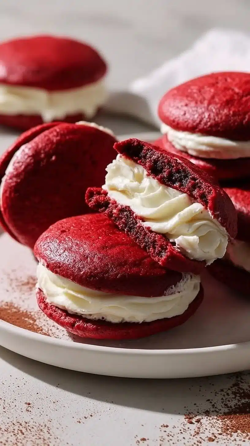 Red Velvet Whoopie Pies with creamy filling on a white plate