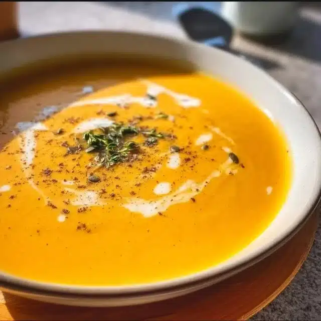 Bowl of delicious roasted pumpkin soup garnished with herbs
