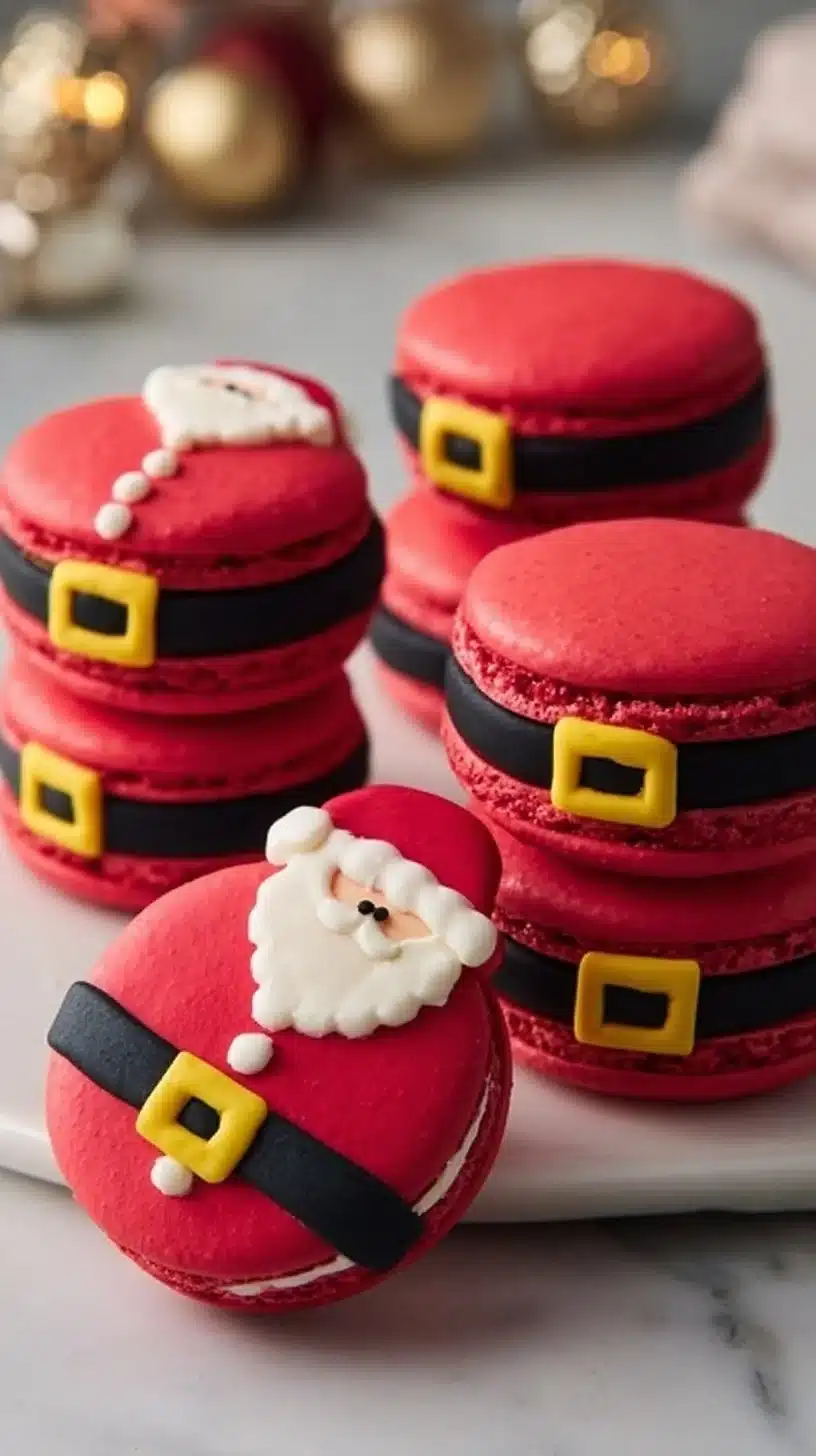 Festive Santa Belt Christmas macarons decorated with red and black colors.