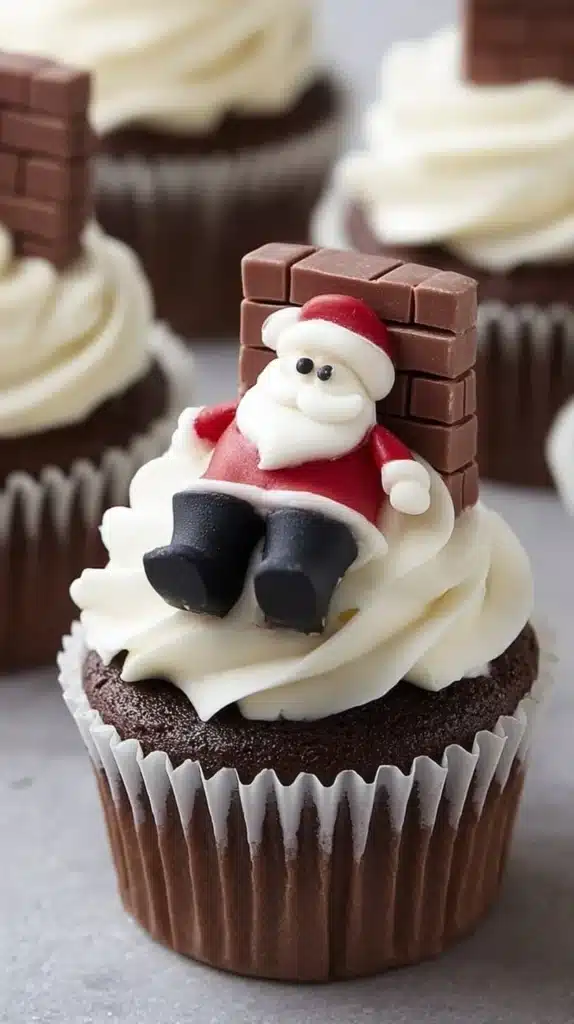Santa Stuck in the Chimney Cupcakes decorated for Christmas