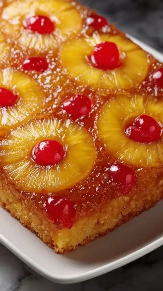 Homemade Simple Pineapple Upside Down Cake displayed on a dessert plate