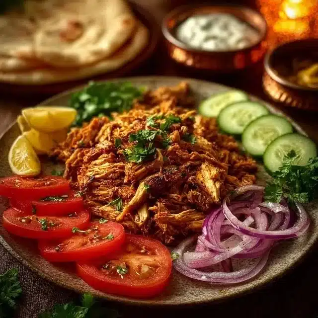 Delicious Slow Cooker Chicken Shawarma served in pita with fresh veggies