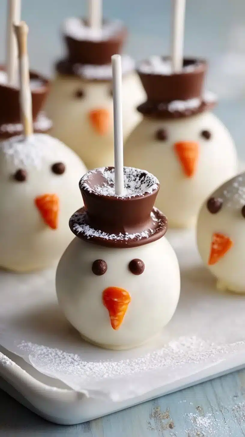 Festive snowman cake pops decorated for holiday celebrations