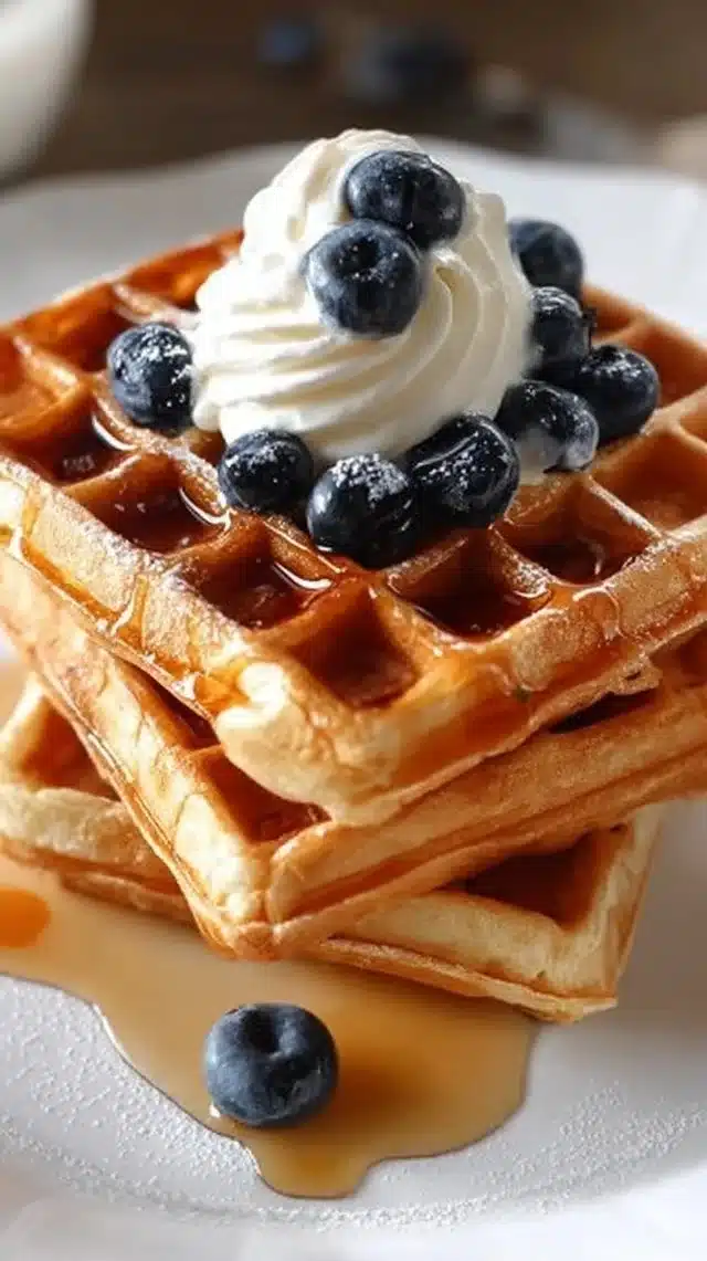 Delicious sourdough waffles served with syrup and fresh berries
