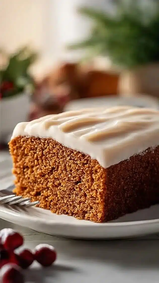 Delicious spiced gingerbread cake topped with icing and festive decorations