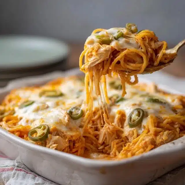 Spicy Southern Cheesy Chicken Spaghetti Casserole served in a baking dish