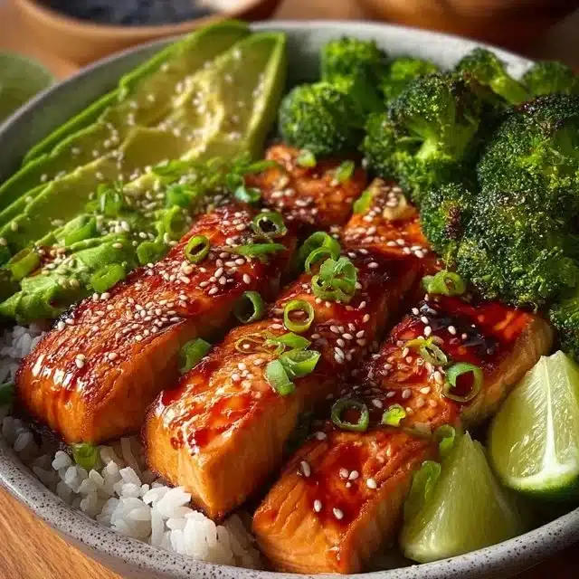 Delicious Sriracha Honey Salmon bowls garnished with fresh vegetables.