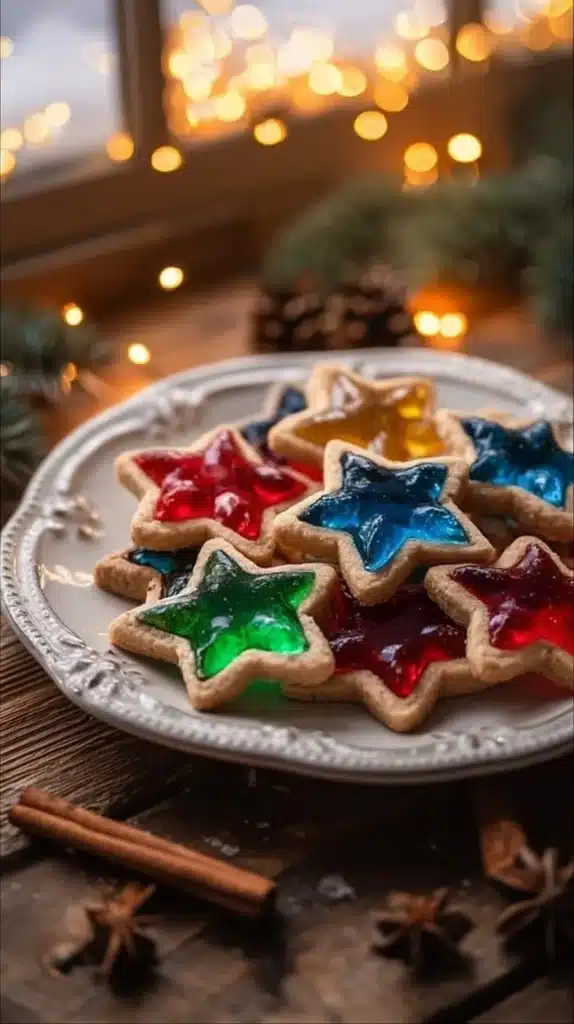 Colorful stained glass cookies with vibrant designs, perfect for festive occasions.