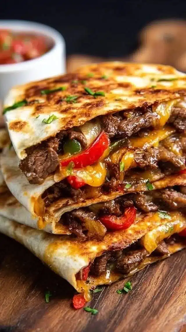 Delicious Steak Fajita Quesadillas with steak, peppers, and cheese