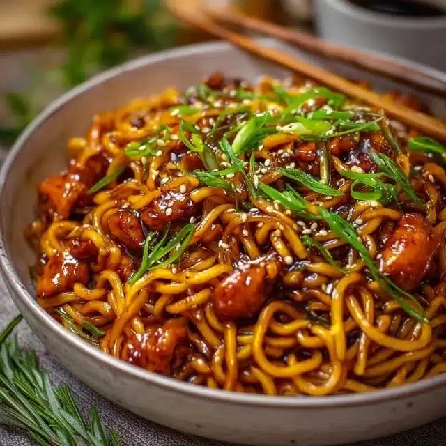 Delicious sticky garlic chicken noodles served in a bowl.