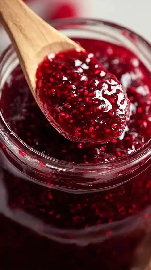 Jar of homemade sweet raspberry jam delight on a wooden table.