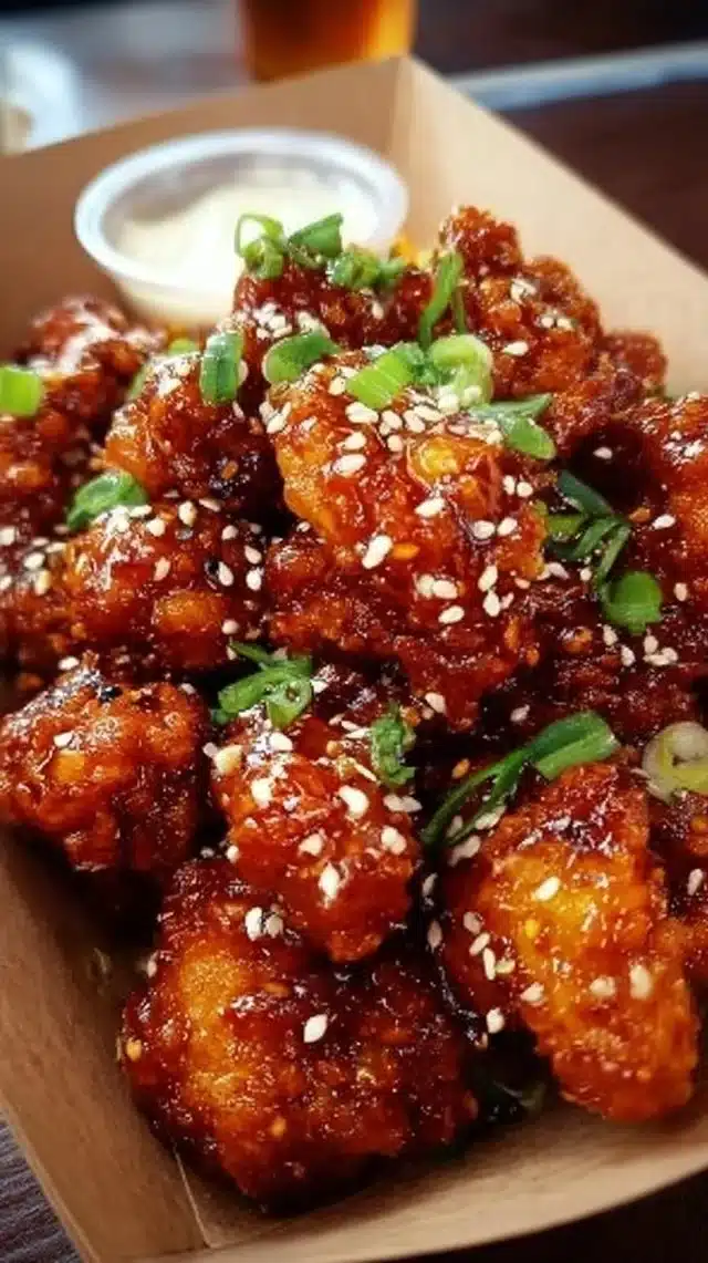 Delicious Sweet & Spicy Korean Fried Chicken with crispy coating and vibrant sauce.