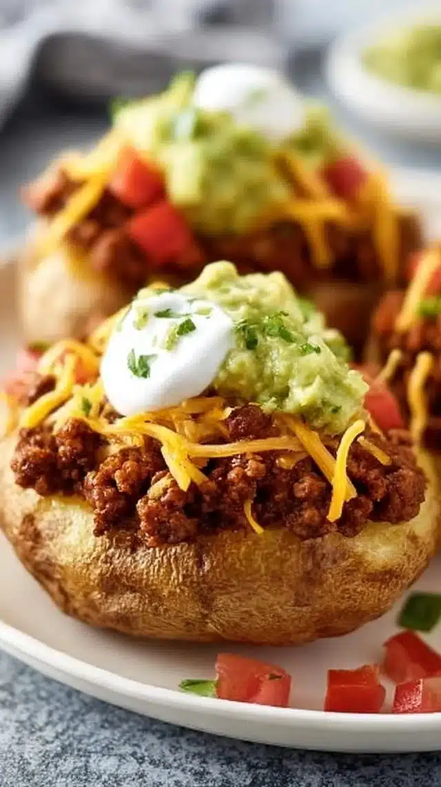 Delicious Taco Potatoes topped with cheese and salsa, ready to serve.
