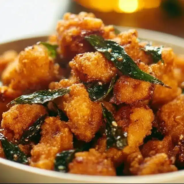 Delicious Taiwanese popcorn chicken served with herbs and spices.