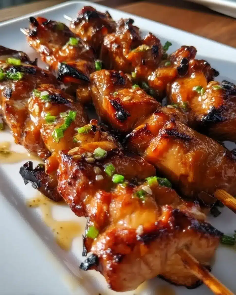 Grilled teriyaki chicken skewers served with vegetables on a plate.