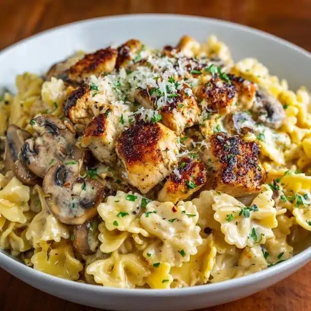 Plate of creamy garlic parmesan chicken pasta garnished with herbs