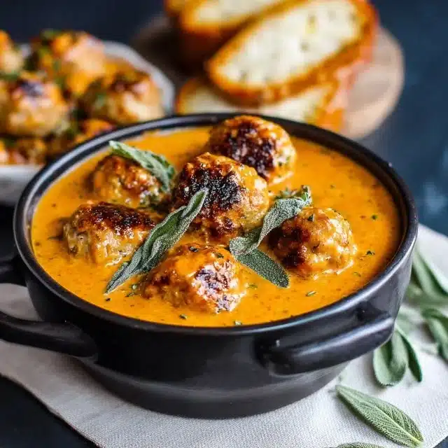 Turkey meatballs served in a rich pumpkin sage sauce