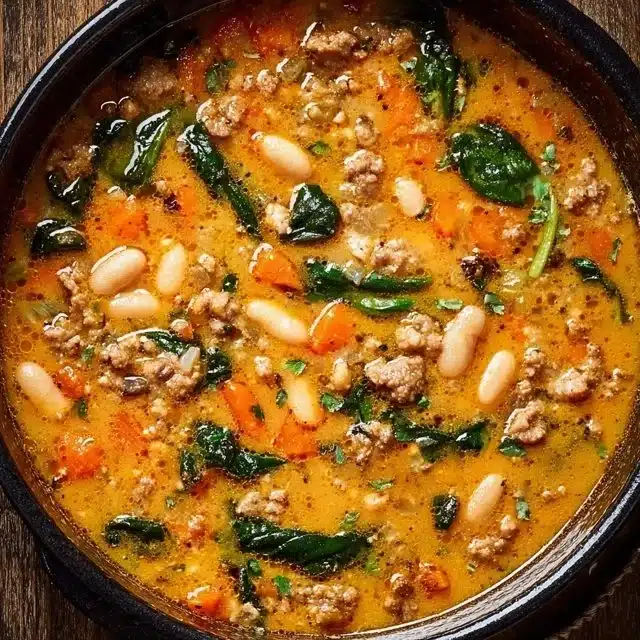 Bowl of delicious Tuscan White Bean Soup garnished with herbs