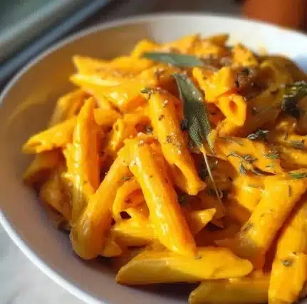 Vegan Pumpkin Pasta 4 Bowl of creamy vegan pumpkin pasta topped with fresh herbs and spices.