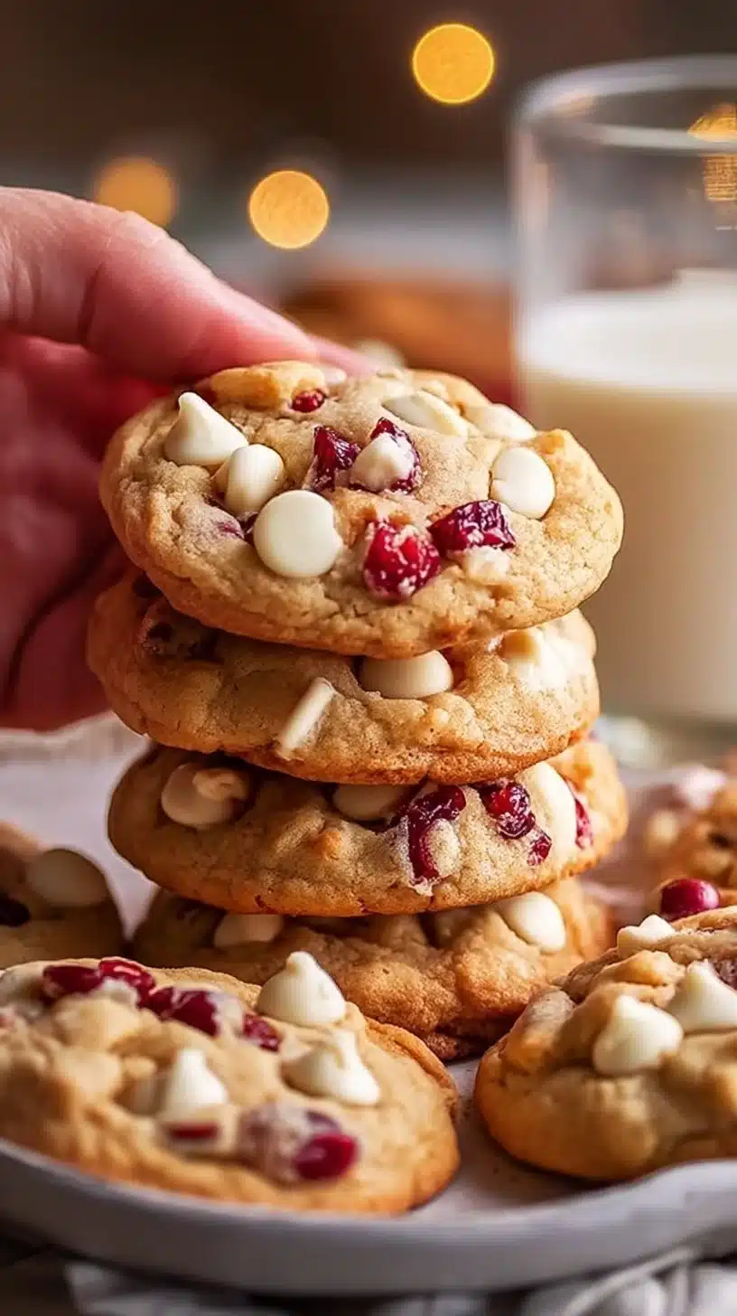 Freshly baked white chocolate cranberry cookies on a cooling rack