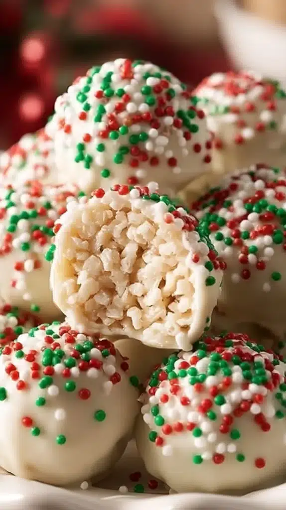 White chocolate rice krispie balls with colorful holiday sprinkles