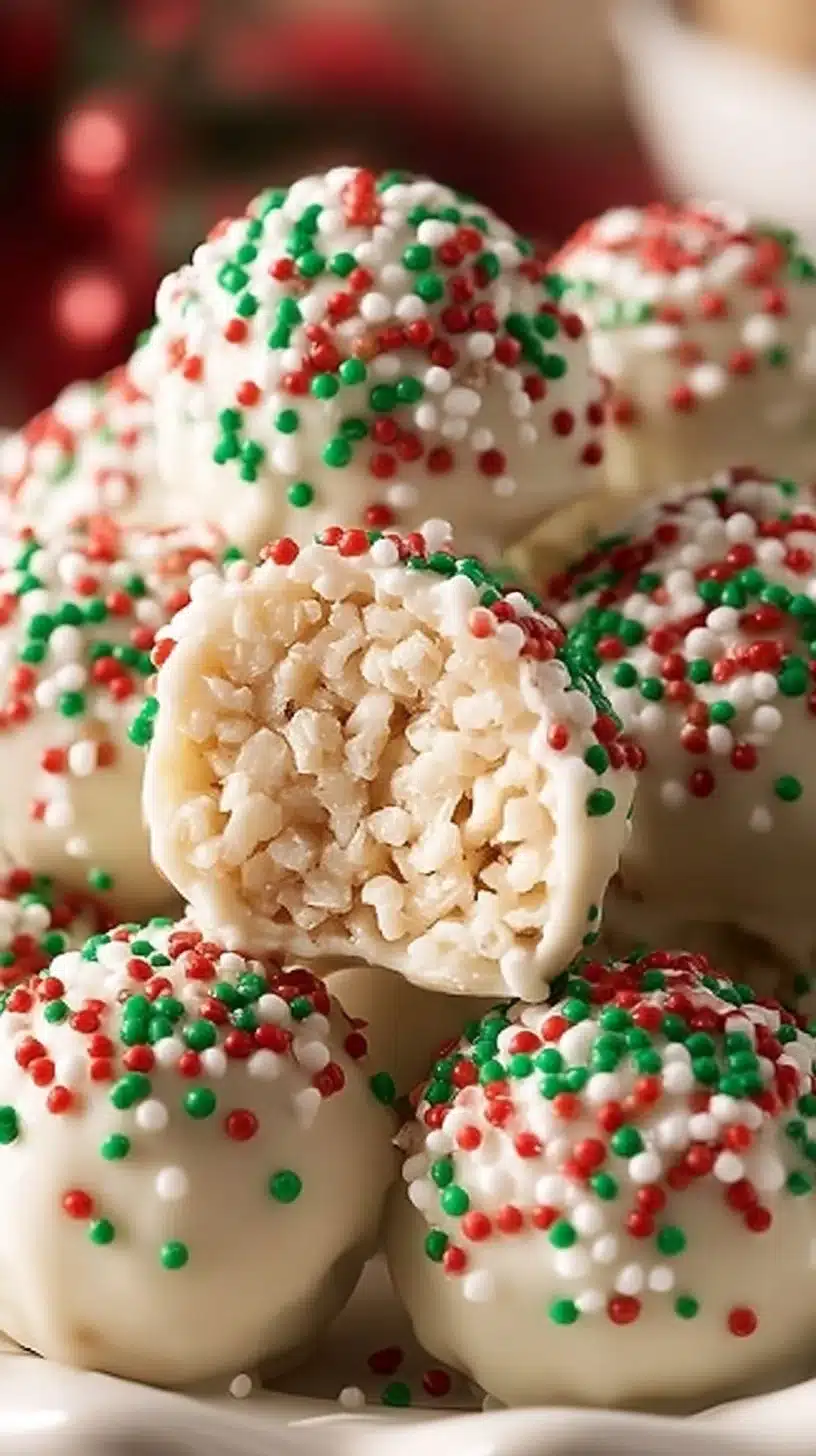 White chocolate rice krispie balls with colorful holiday sprinkles