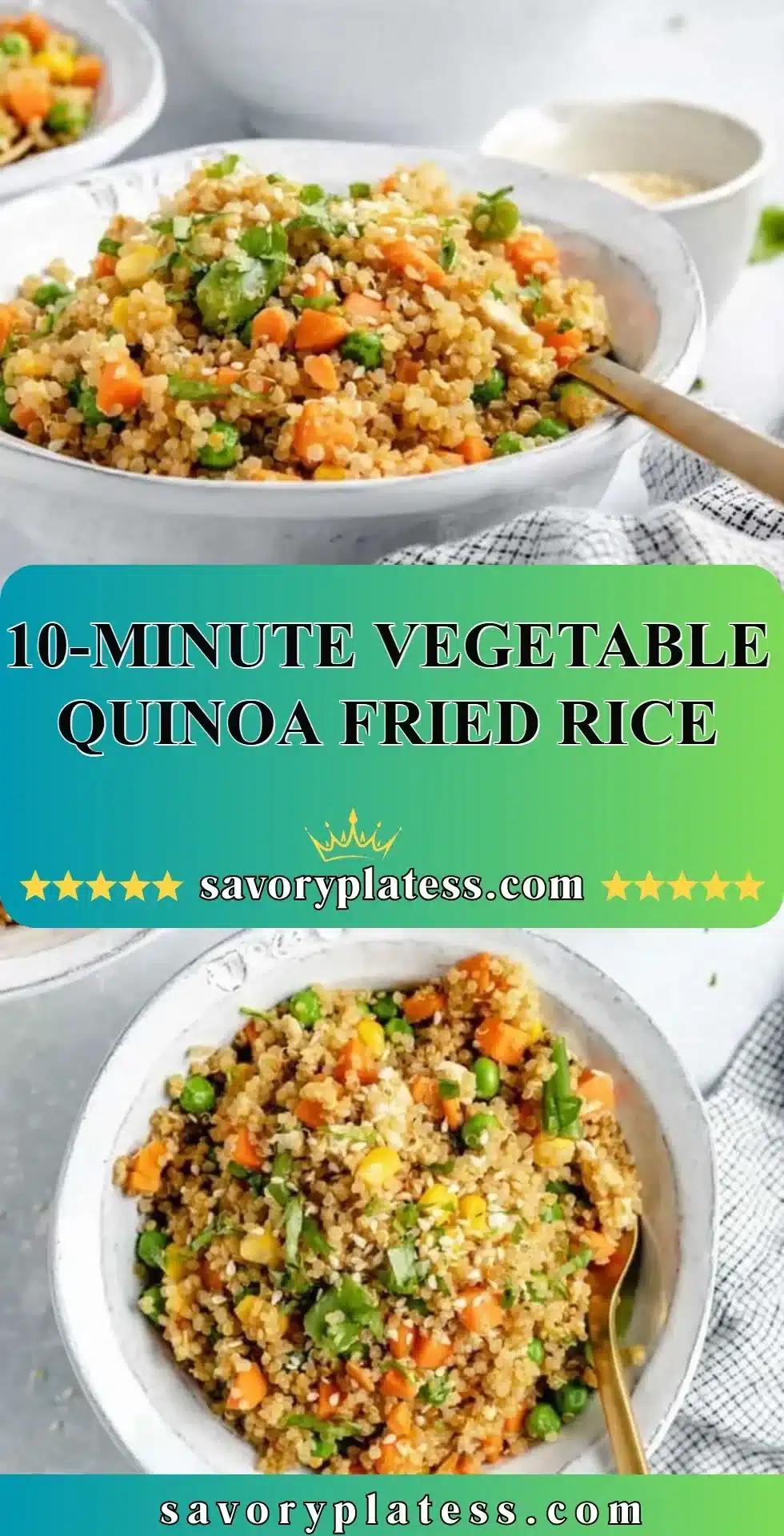 10-Minute Vegetable Quinoa Fried Rice 2 Delicious vegetable quinoa fried rice served in a bowl with colorful veggies.