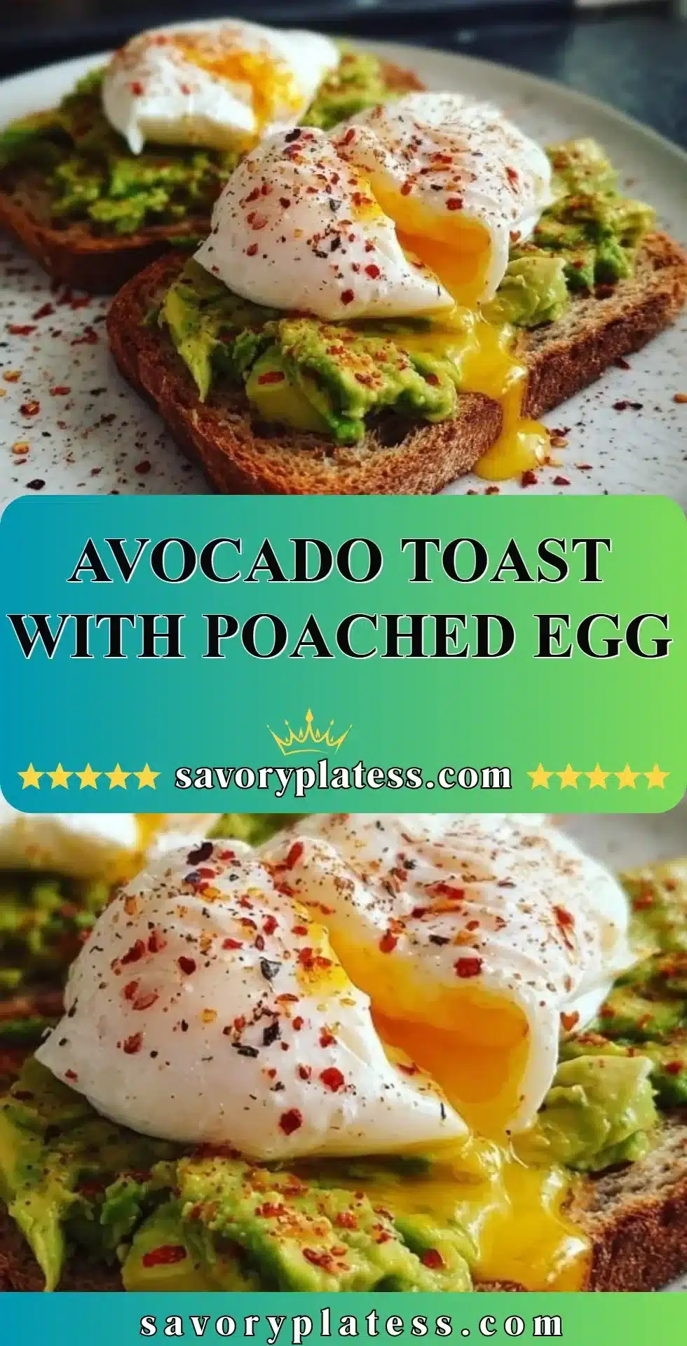 Avocado Toast with Poached Egg 2 Avocado toast topped with a poached egg on a rustic wooden table.