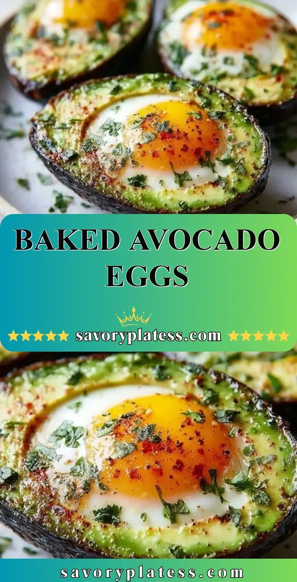 Baked Avocado Eggs 2 Baked avocado eggs topped with seasoning for a healthy breakfast option